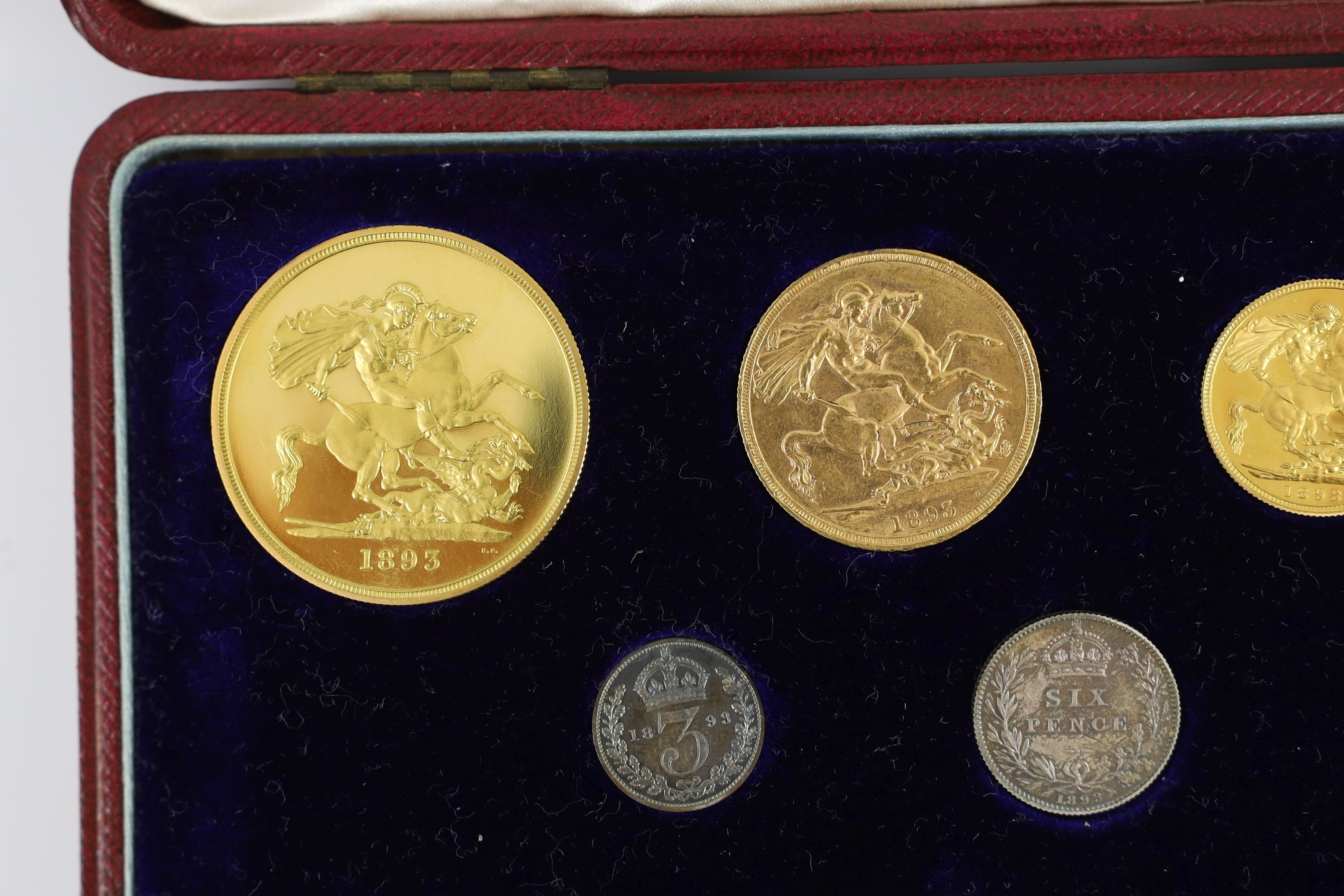 UK coins, a cased Victoria 1893 gold and silver proof coin set